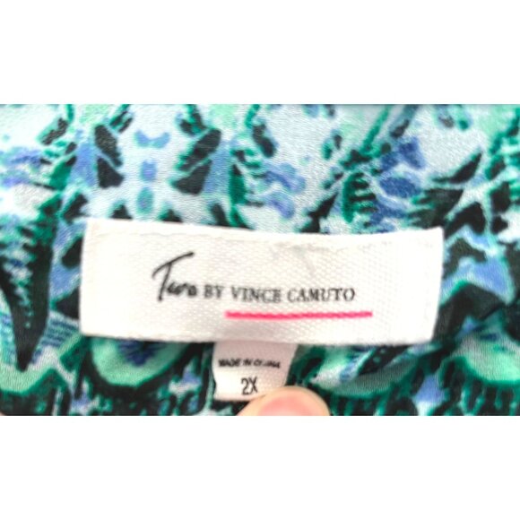 Two by Vince Camuto Size 2X Shirt Top Abstract Print Green Blue Semi Sheer - Picture 3 of 9